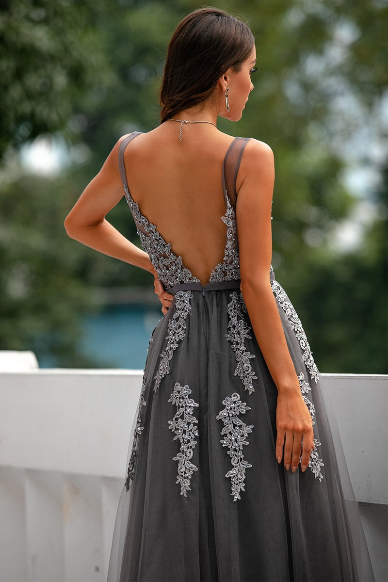 Load image into Gallery viewer, Grey Blue Appliques Prom Dress