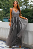 Grey Blue Appliques Prom Dress