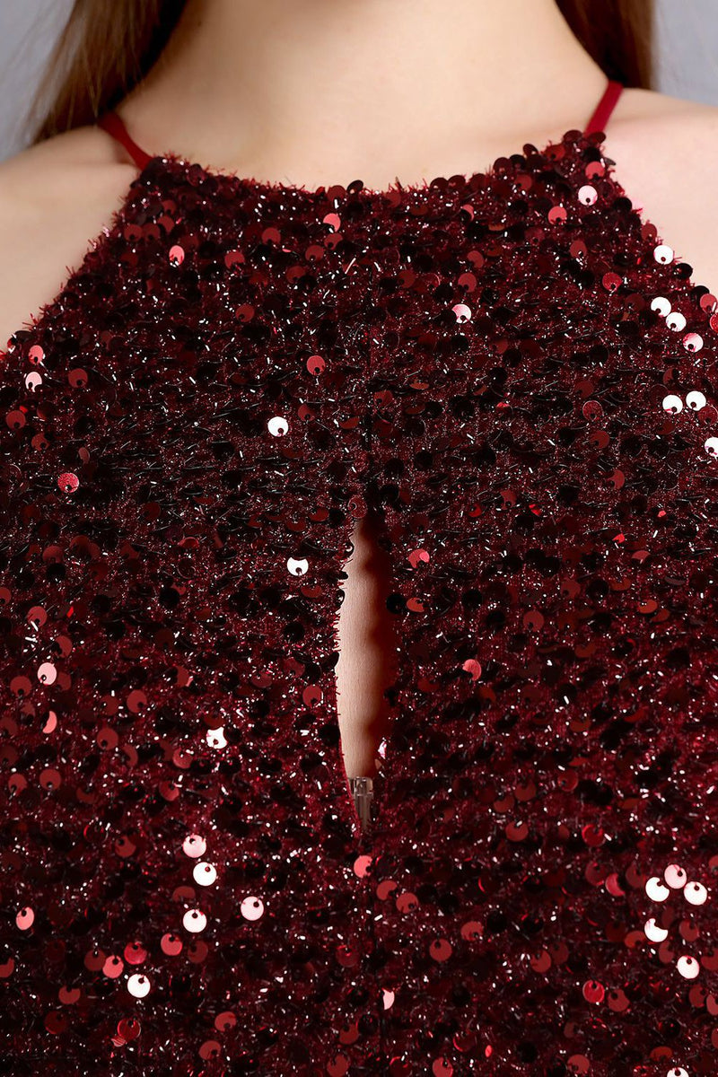 Load image into Gallery viewer, Burgundy Sequin Long Prom Dress with Slit