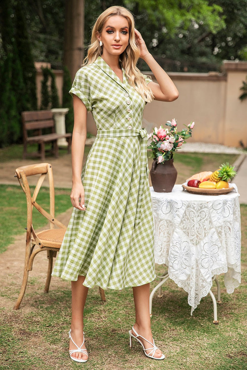 Load image into Gallery viewer, Green V Neck Checkered Summer Dress