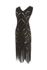 Load image into Gallery viewer, Black Fringe Gold Sequin 1920s Dress
