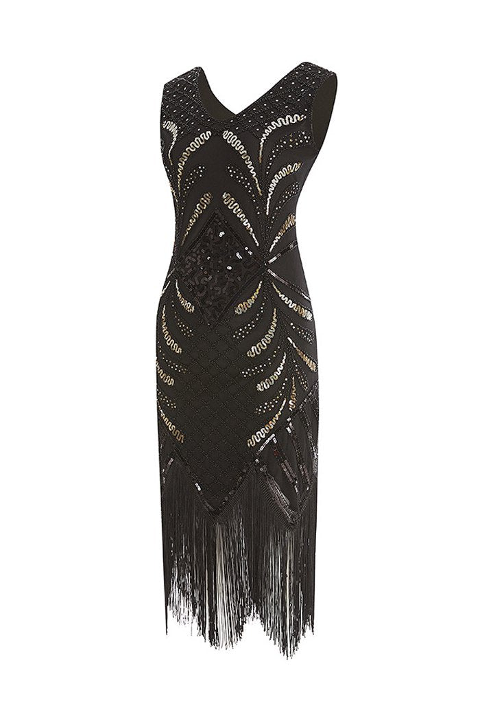 Zapaka Women 1920s Dress Black V Neck Sequin Fringe Bodycon Flapper ...