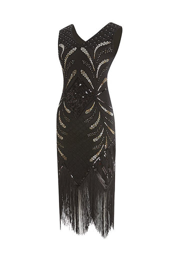 Black Fringe Gold Sequin 1920s Dress
