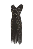 Black Fringe Gold Sequin 1920s Dress