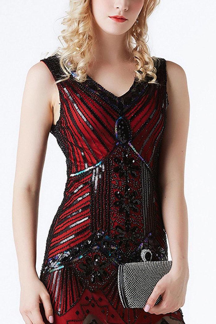 Load image into Gallery viewer, Red Glitter Fringe 1920s Flapper Dress