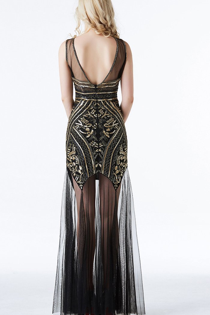 Load image into Gallery viewer, Black Sequin Long Tulle 1920s Dress