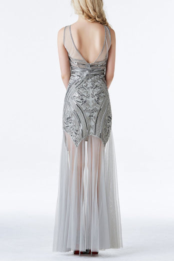 Grey Sequin Long Tulle 1920s Dress