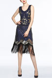 Navy V Neck 1920s Fringe Sequin Flapper Dress