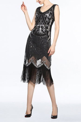 Black V Neck 1920s Fringe Sequin Flapper Dress