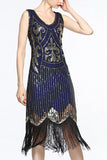 Navy V Neck 1920s Fringe Sequin Flapper Dress