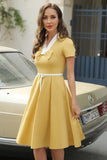 V Neck Yellow 1950s Dress with Belt