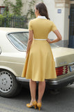 V Neck Yellow 1950s Dress with Belt