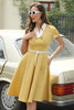 Load image into Gallery viewer, V Neck Yellow 1950s Dress with Belt