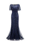 Mermaid Short Sleeves Navy Prom Evening Dress