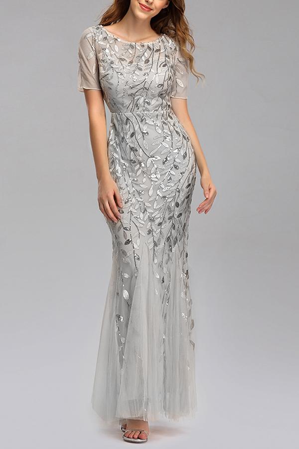 Mermaid Short Sleeves Grey  Prom Dress