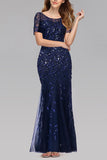 Mermaid Short Sleeves Navy Prom Evening Dress