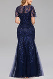 Mermaid Short Sleeves Navy Prom Evening Dress