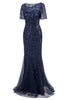 Load image into Gallery viewer, Mermaid Short Sleeves Navy Prom Evening Dress