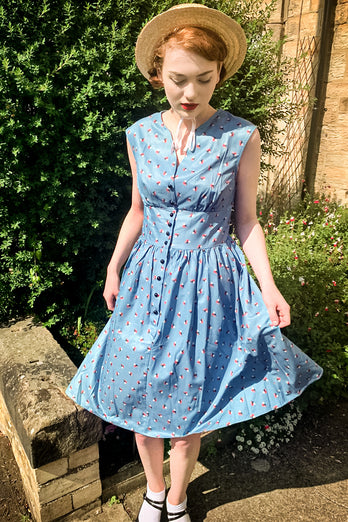 Blue 1950s Button Plaid Swing Dress