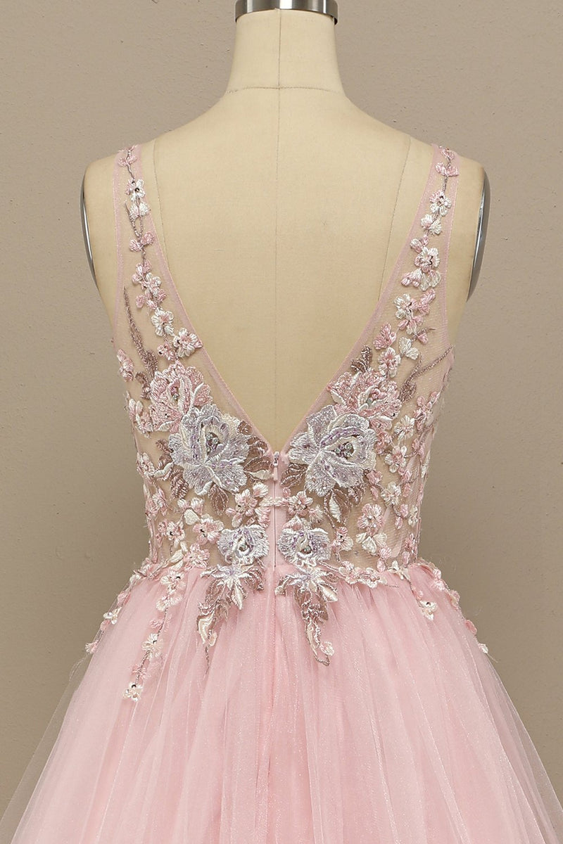 Load image into Gallery viewer, Gorgeous Deep V Neck Grey/Pink Prom Dress with Appliques