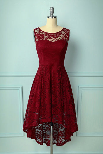 Burgundy Plus Size Asymmetrical Lace Party Dress