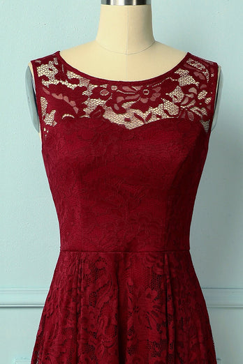 Dark Red Asymmetry Lace Dress