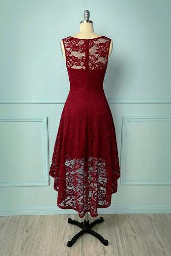 Burgundy Plus Size Asymmetrical Lace Party Dress