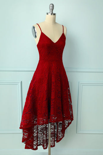 Straps Dark Red Lace Dress