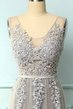 Grey Blue Appliques Prom Dress