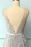 Grey Blue Appliques Prom Dress