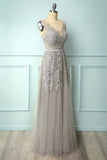 Grey Blue Appliques Prom Dress