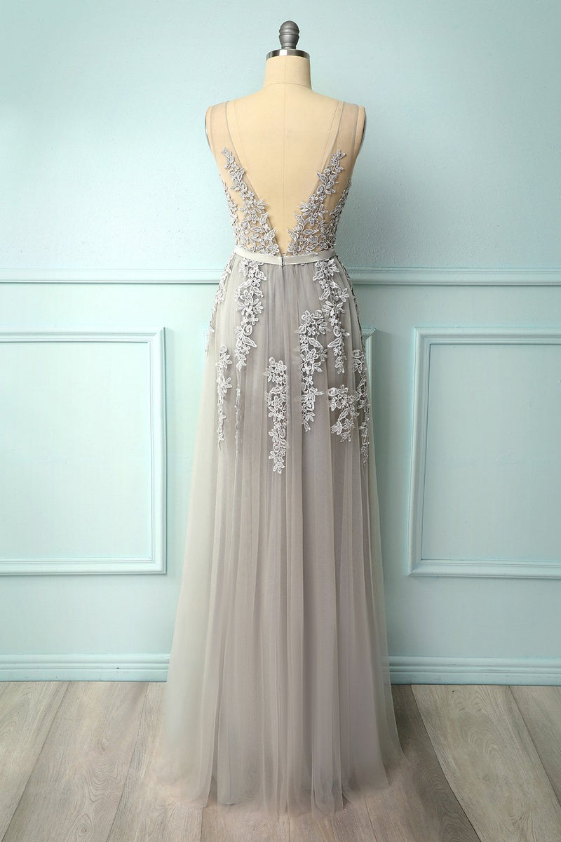 Load image into Gallery viewer, Grey Blue Appliques Prom Dress