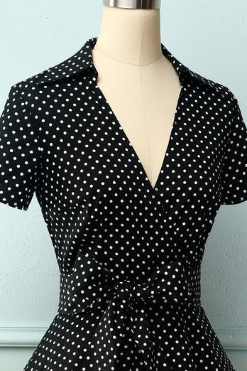 Black White Small Dots V-neck Dress