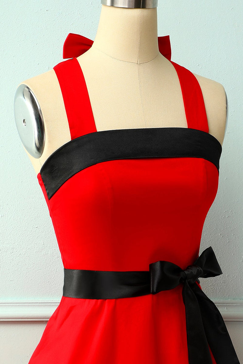 Load image into Gallery viewer, Red/Black Halter Pinup Dress