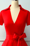 Red V-neck Solid Dress