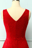 Dark Red Lace Asymmetrical Dress