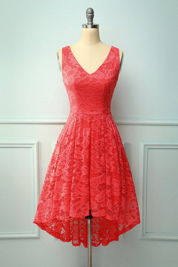 Coral Lace Asymmetrical Dress