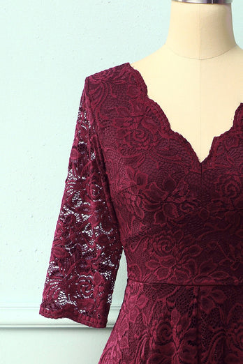 Burgundy 3/4 Sleeves Formal Dress