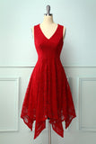 Dark Red Asymmetrical Lace Dress