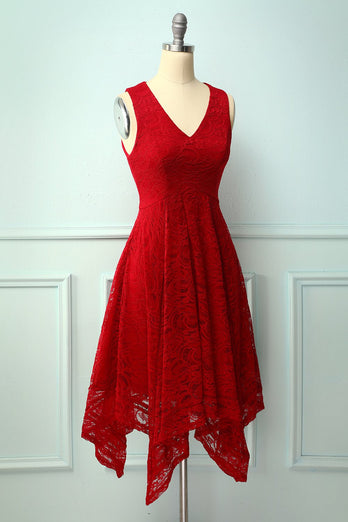 Dark Red Asymmetrical Lace Dress