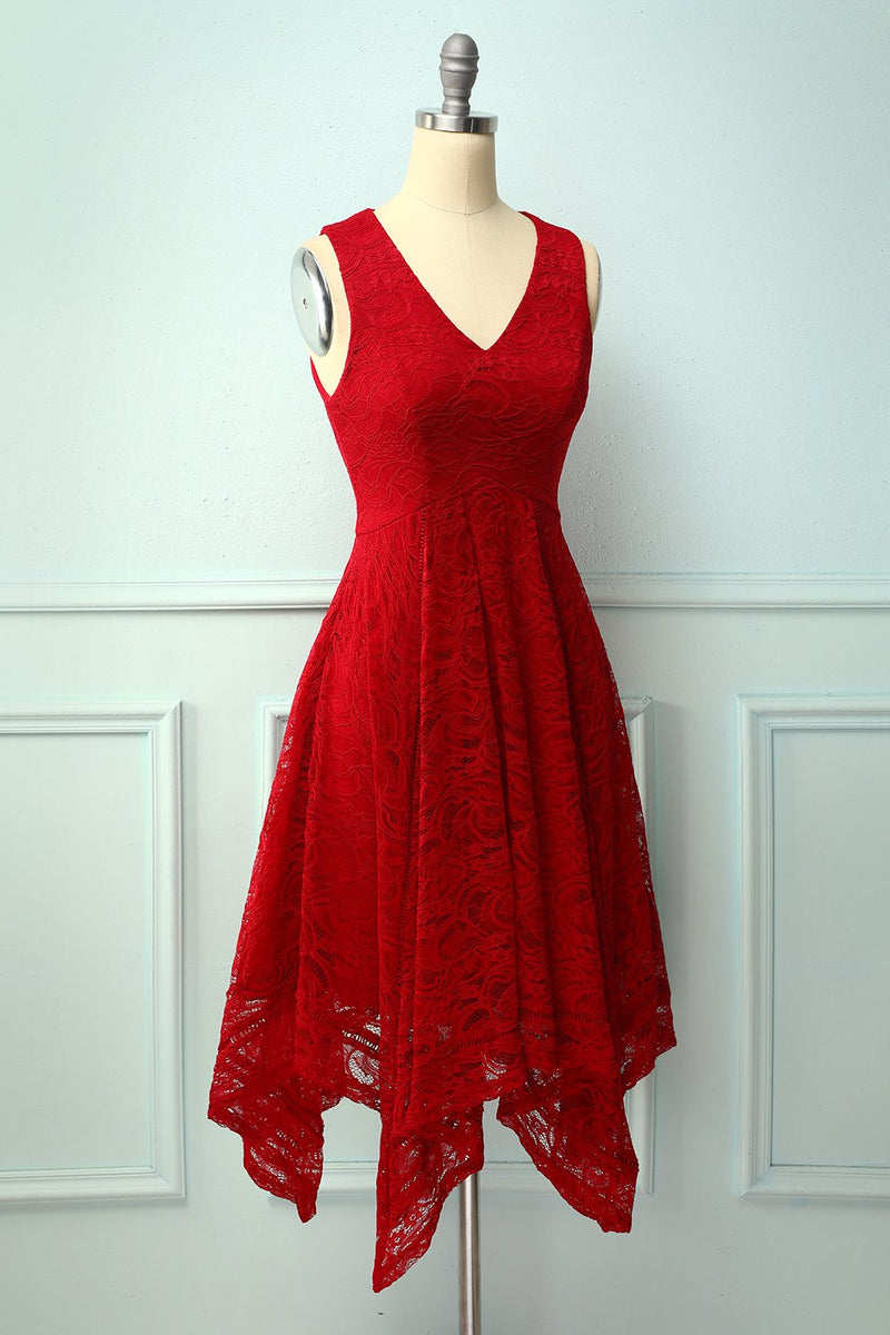 Load image into Gallery viewer, Dark Red Asymmetrical Lace Dress