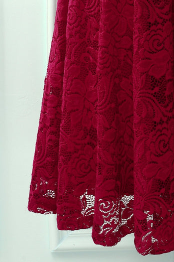 Dark Red V Neck Midi Lace Dress