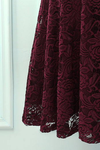 Burgundy V Neck Midi Lace Dress