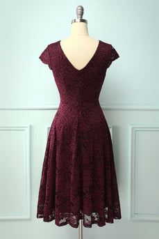 Burgundy V Neck Midi Lace Dress