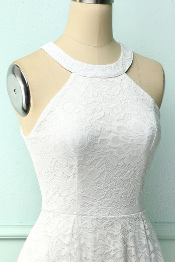 White Halter Lace Midi Dress