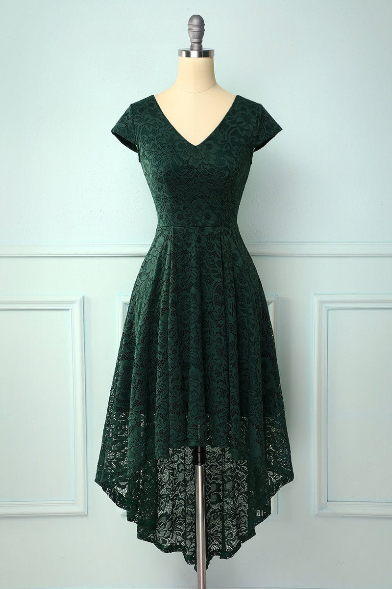 Load image into Gallery viewer, Dark Green High Low Lace Dress
