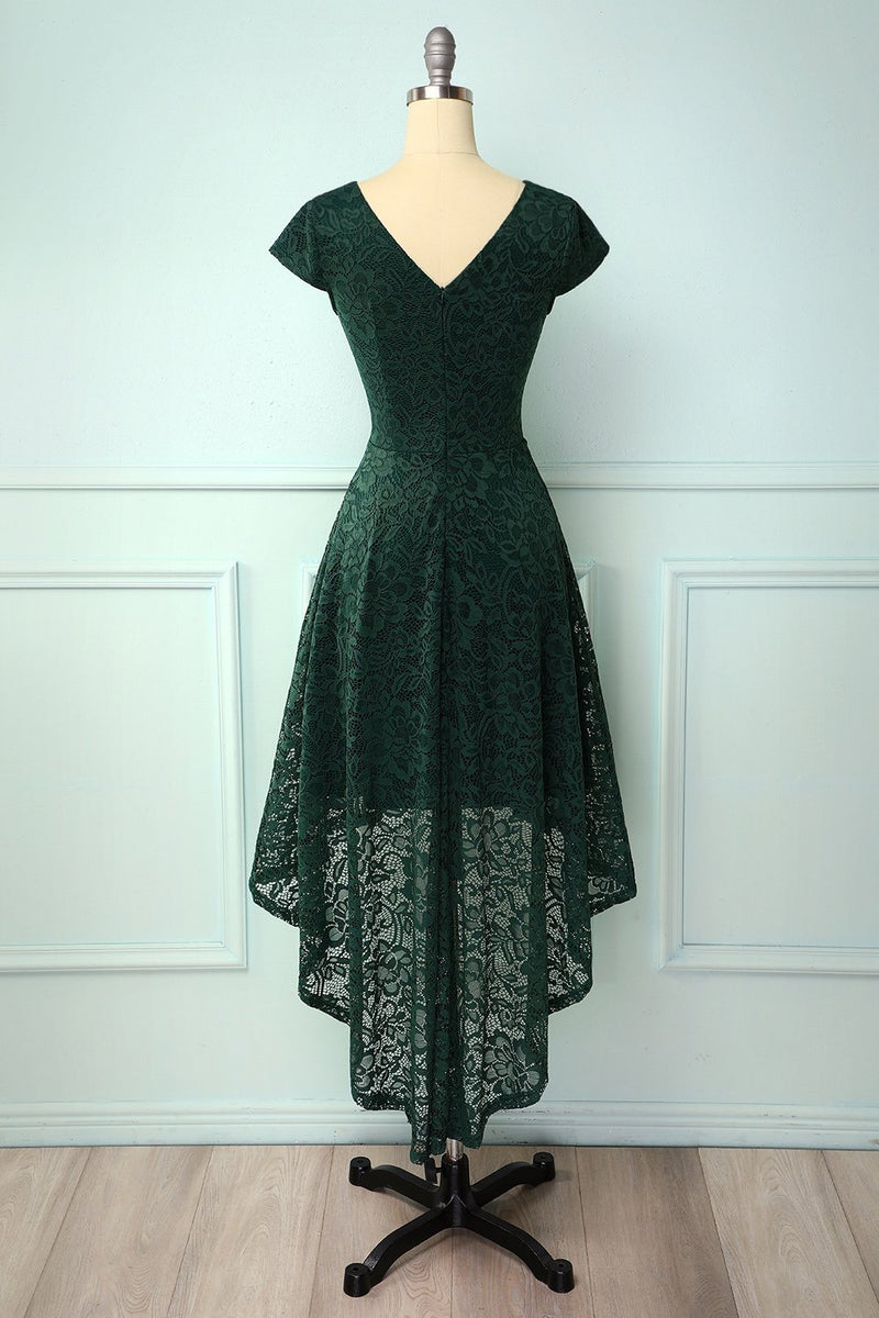 Load image into Gallery viewer, Dark Green High Low Lace Dress