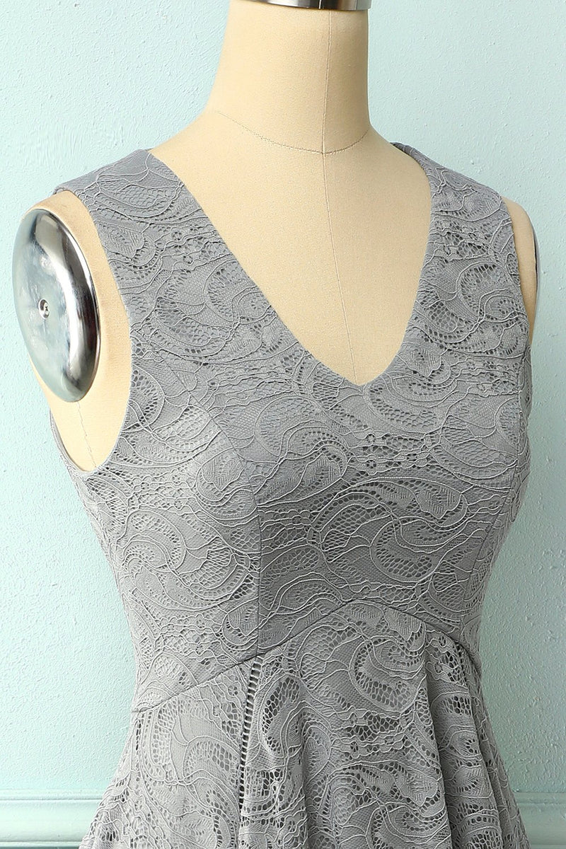 Load image into Gallery viewer, Asymmetrical Grey V-neck Lace Dress