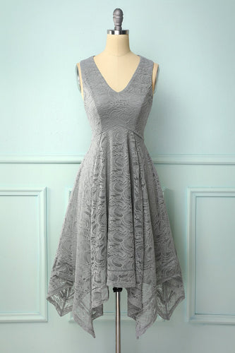 Asymmetrical Grey V-neck Lace Dress