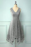 Asymmetrical Grey V-neck Lace Dress